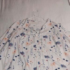 Floral  White Blouse with Blue and Peach Flowers